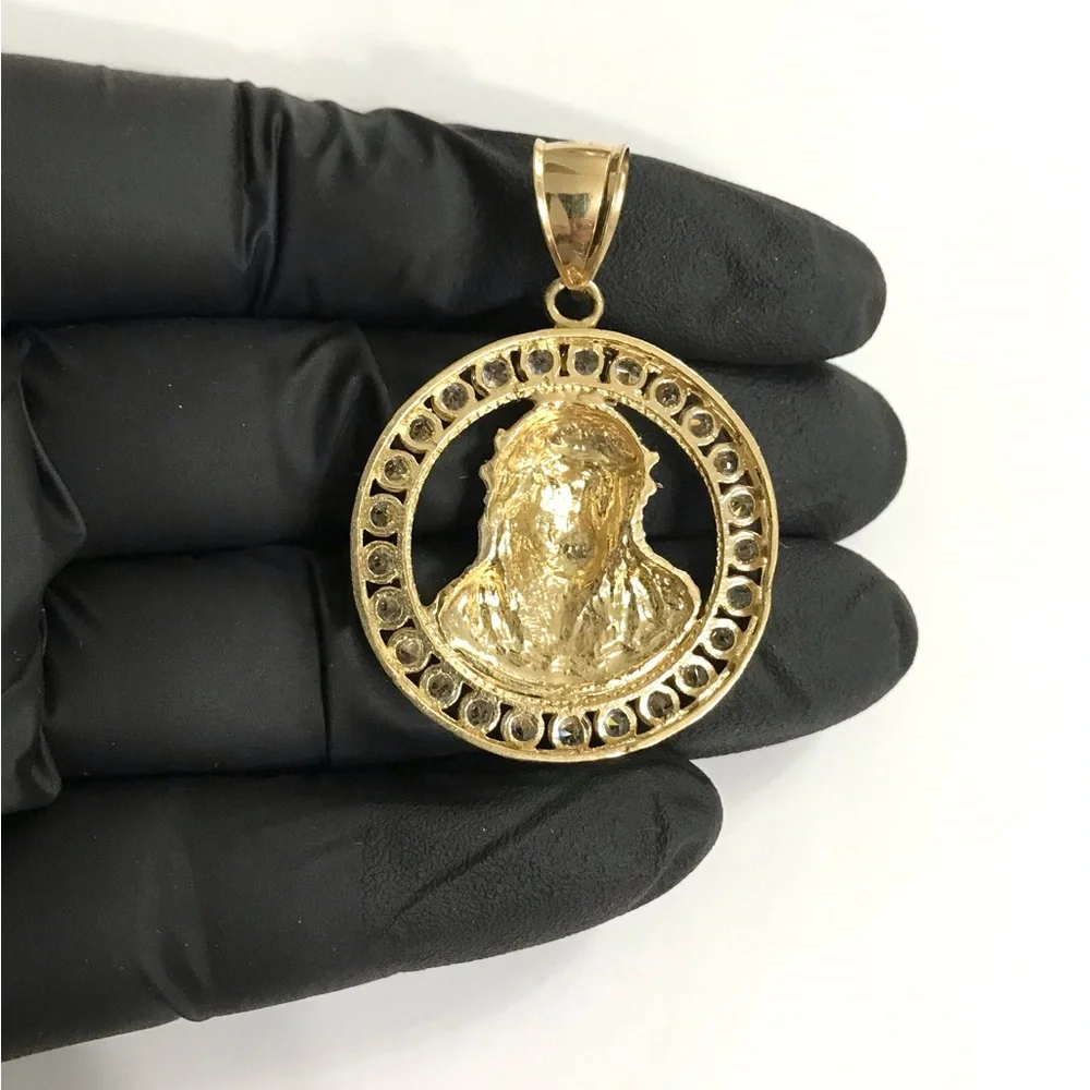 10K 10KT Yellow Gold Cubic Zirconia Jesus Round Men’s Pendant